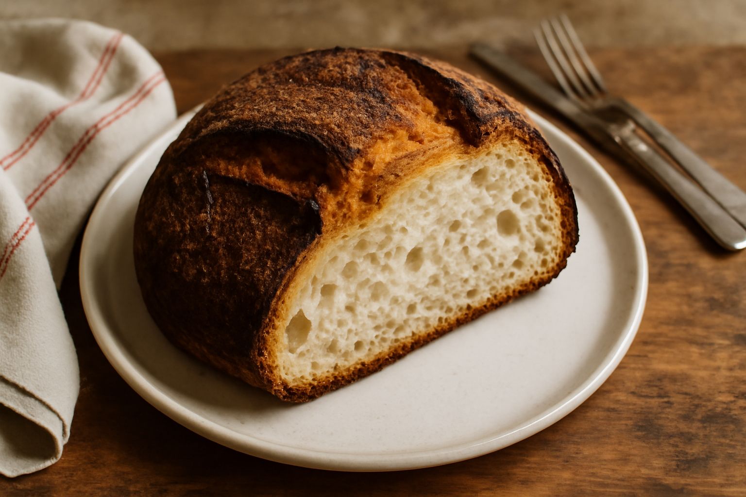 Pane di Corato intero con crosta marrone scuro e spessa, tagliato a metà che mostra la mollica bianca e alveolata, adagiato su una tavola di legno con chicchi di grano sparpagliati