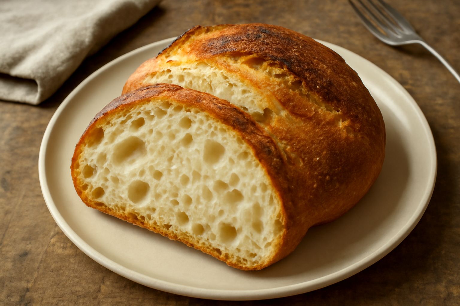 Pane di Cosenza appena sfornato con crosta dorata e screpolata, forma leggermente irregolare, tagliato a metà mostrando mollica bianca e porosa con grandi alveoli
