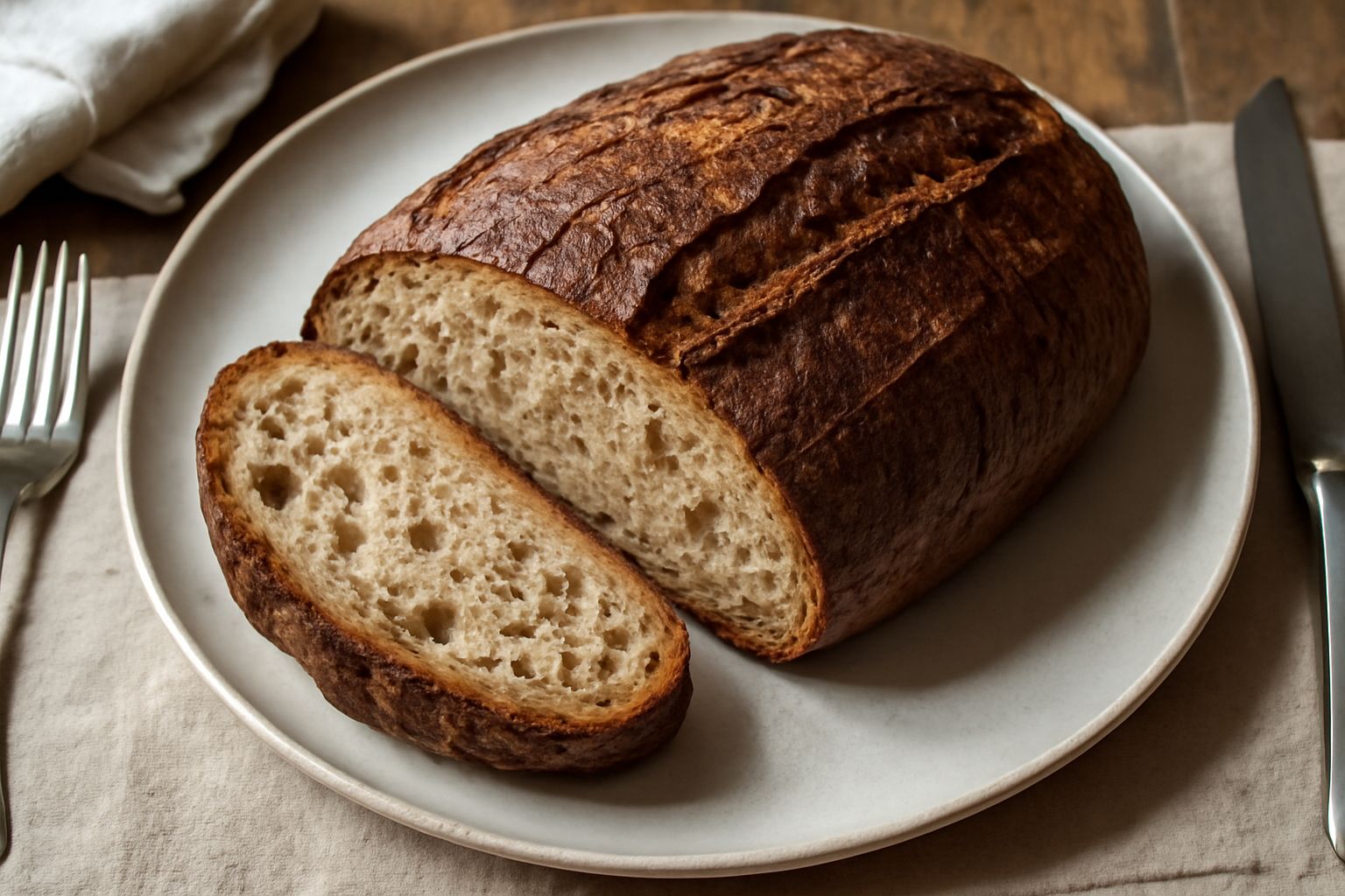 Pane di Cremona affettato su tavolo di legno: crosta marrone scuro screpolata, sezione interna con miga beige chiara e alveoli ben definiti, una fetta spalmata di burro