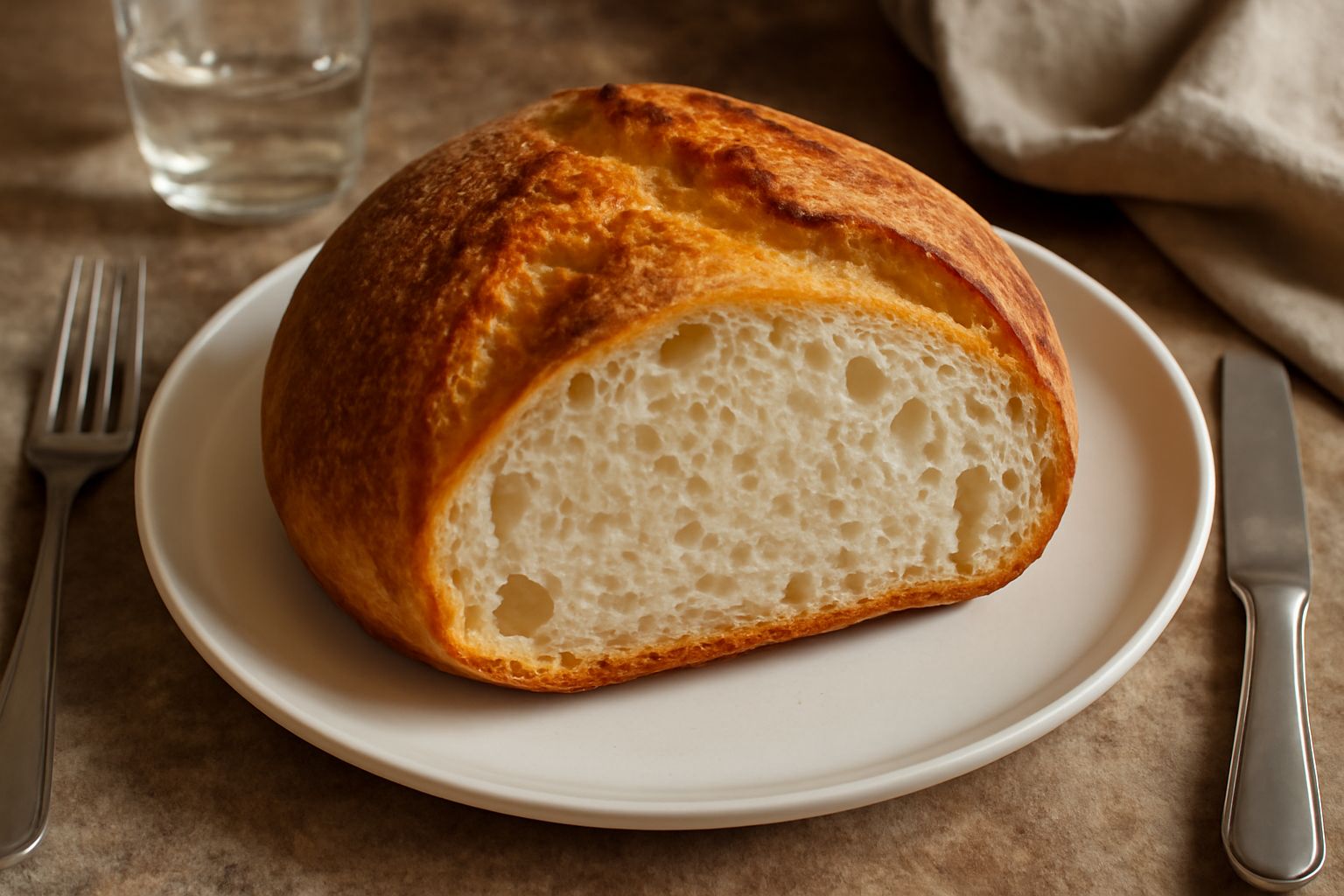 Pane di Cuneo appena sfornato con crosta dorata croccante, tagliato a metà per mostrare la miga bianca e soffice, posato su un panno di lino bianco