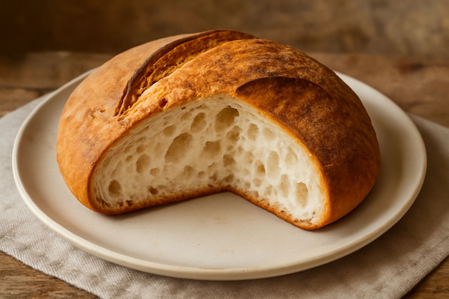 Pane di Cutro intero e affettato su tavolo di legno, con crosta dorata e screpolata, miga bianca e buchi irregolari, accanto a spighe di grano e un coltello da pane