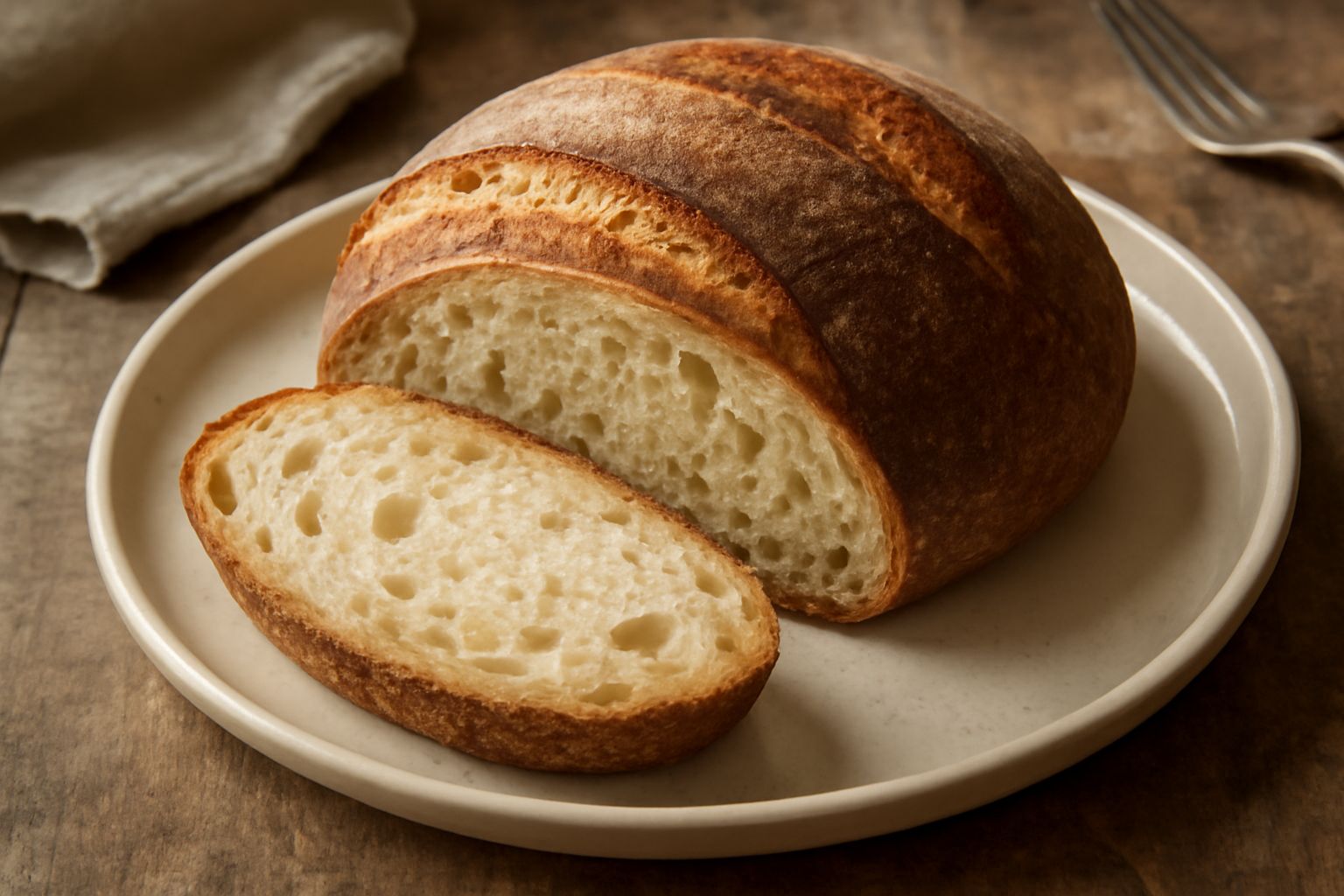 Pane di Desenzano con crosta dorata scura, spaccato centrale che mostra l'interno bianco-crema con alveoli irregolari, poggiato su tavolo di legno con farina sparse attorno