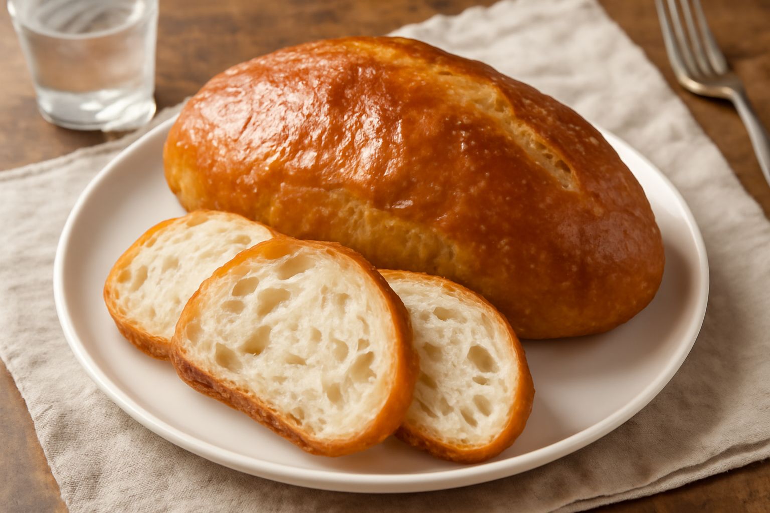 Pane di farina bianca a fette su un tagliere di legno, con crosta dorata e interno bianco panna ben alveolato, accanto a una mollica staccata
