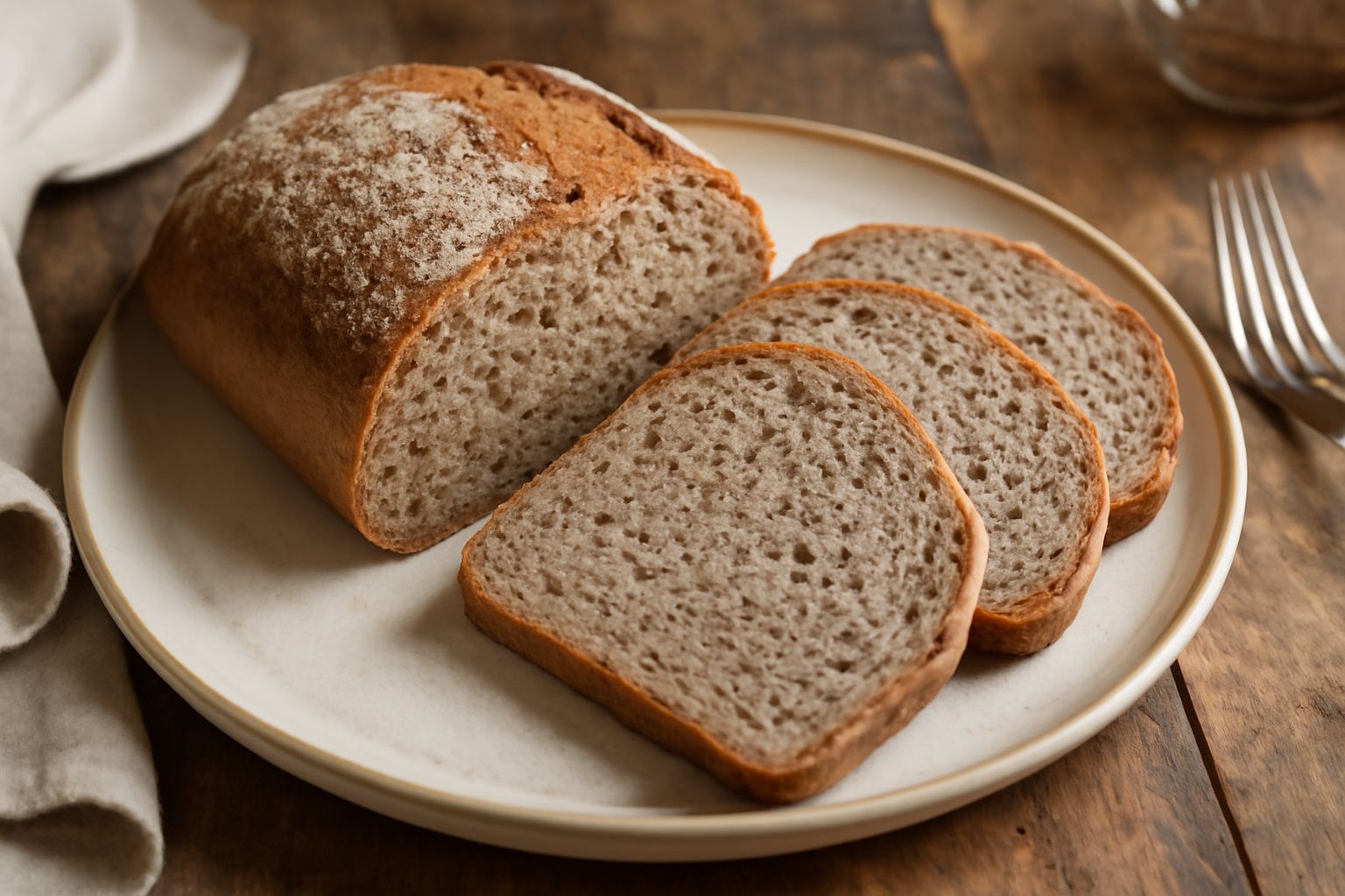 Pane di farina d'avena dal colore marrone chiaro, con crosta leggermente dorata e screpolata, affettato in fette regolari, disposto su un tavolo di legno con chicchi d'avena sparsi intorno