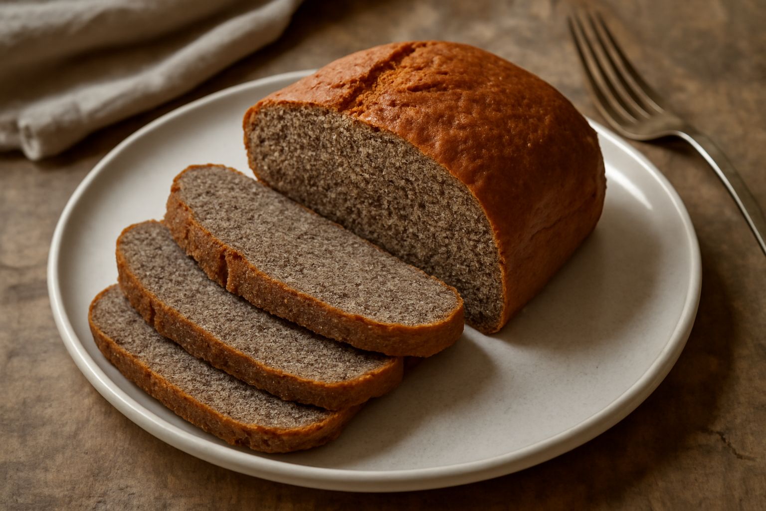 Una pagnotta di pane di farina d'avena integrale su un tagliere di legno, con fette tagliate che mostrano una mollica compatta e grigia, con sfumature dorate sulla crosta croccante