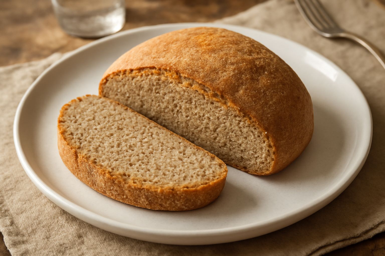 Pane a fette di colore beige dorato con mollica compatta e miglior struttura visibile, intero sulla tavola di legno con chicchi di amaranto sparsi accanto