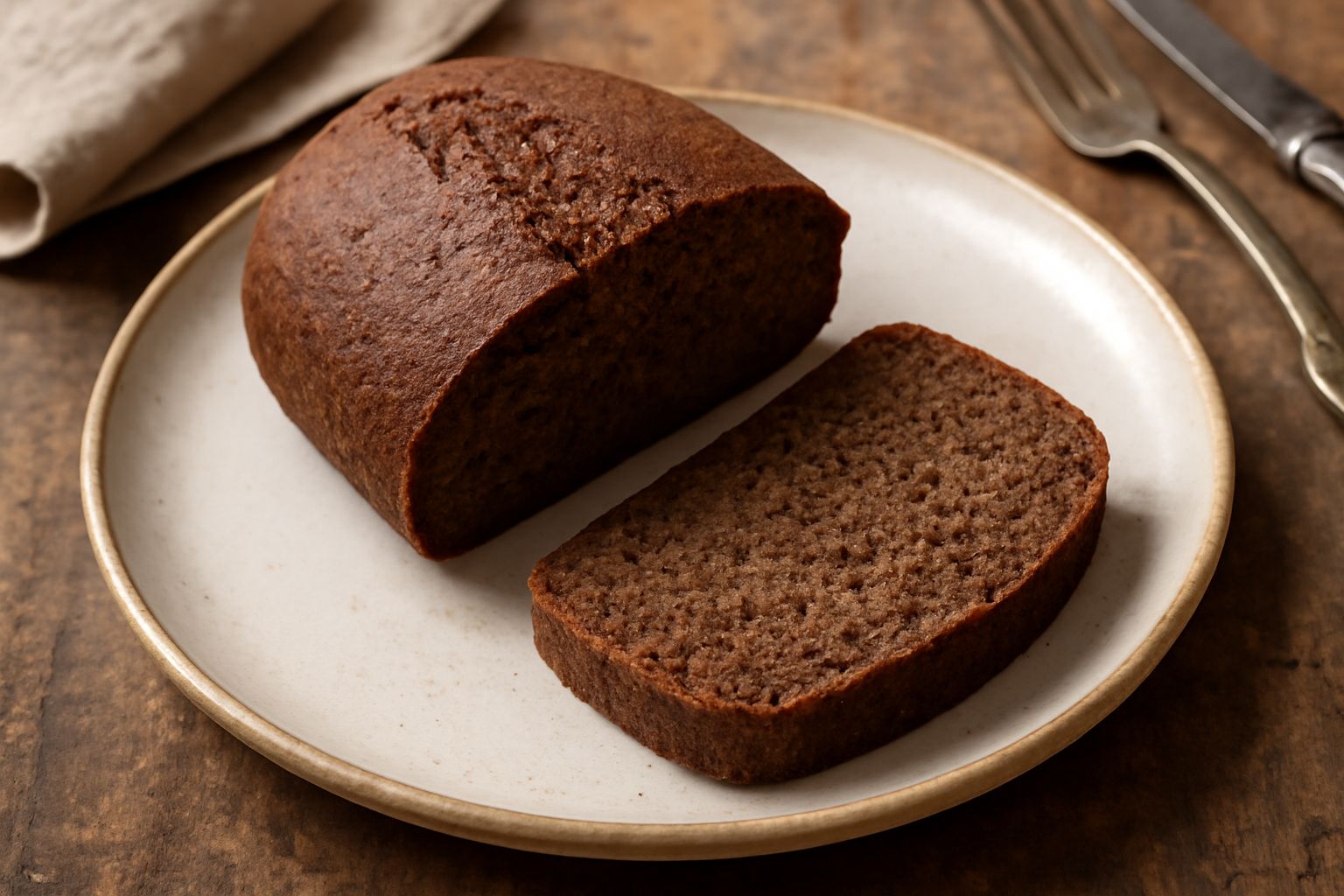 Pane di amaranto integrale affettato, di colore marrone scuro con briciole visibili, appoggiato su una tavola di legno con una lama di coltello accanto e alcuni chicchi di amaranto sparsi