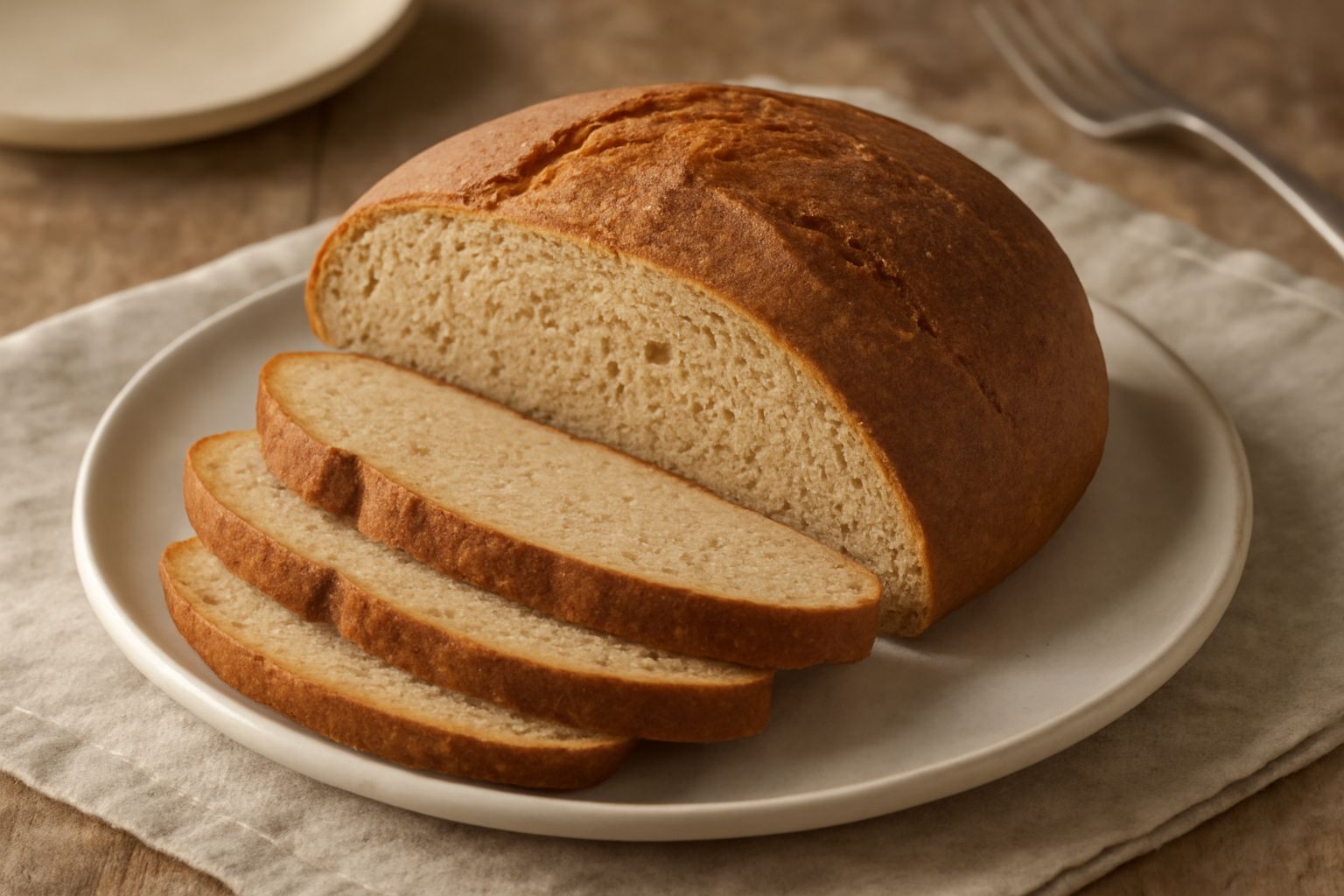 Pane di farina di castagna dalla forma tonda, crosta marrone nocciola, leggermente screpolata in superficie, affettato su un tavolo di legno con una fetta burrata accanto