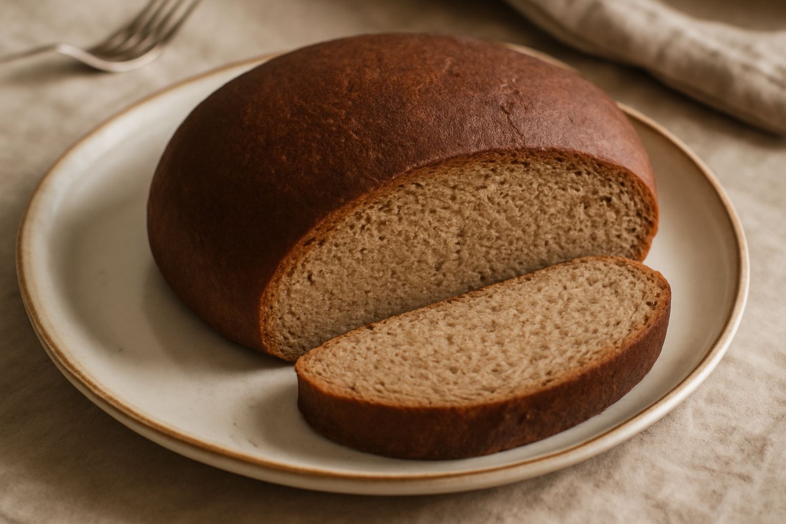 Pane di farina di castagna integrale, scuro e compatto, tagliato a fette da mezzo centimetro, disposto su una tavola di legno con una crosta marrone uniforme e interno color nocciola, affiancato da un