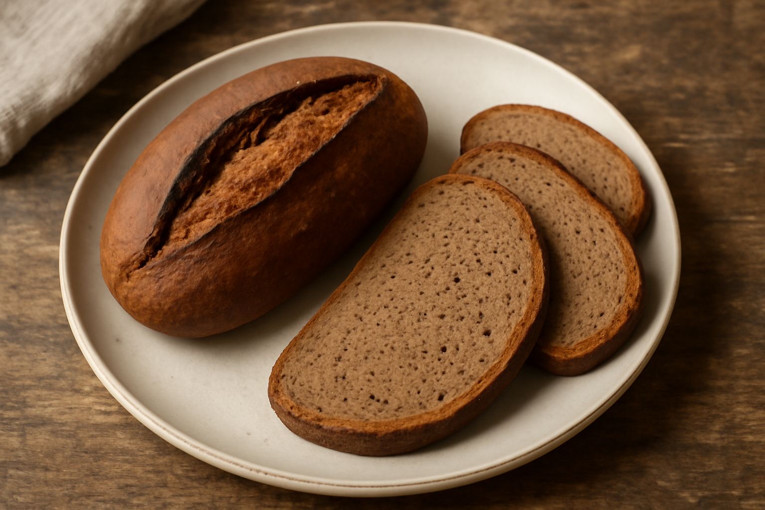 Pane di farina di castagne a fette su tavolo di legno, con crosta scura e uniforme, mollica compatta color nocciola, accanto a castagne fresche sgusciate