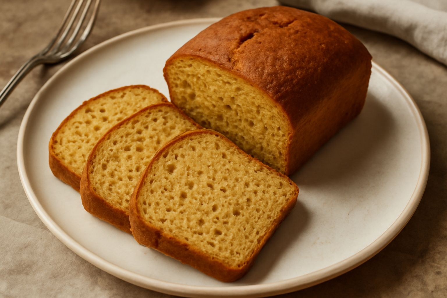 Pane di farina di ceci appena sfornato, marrone dorato, tagliato in fette spesse su un tagliere di legno, con una consistenza compatta e migliora visibile, sfondo neutro