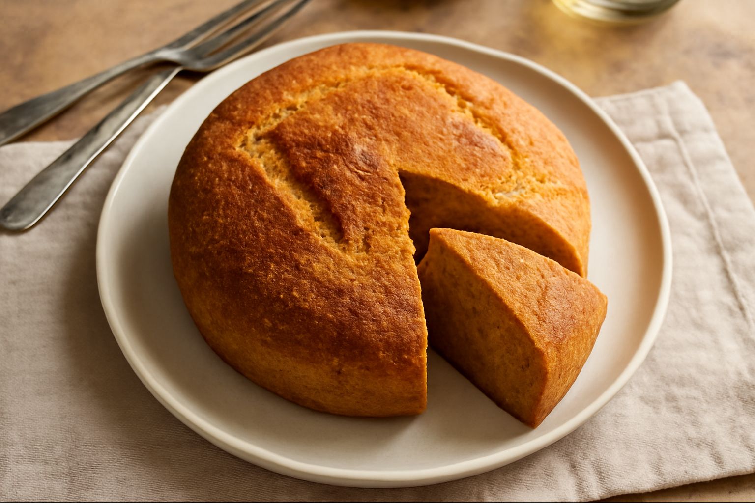 Pane tondo di colore giallo dorato con crosta leggermente screpolata, tagliato a fette; la mollica è compatta e color oro chiaro, poggiato su una tavola di legno con spighe di grano accanto