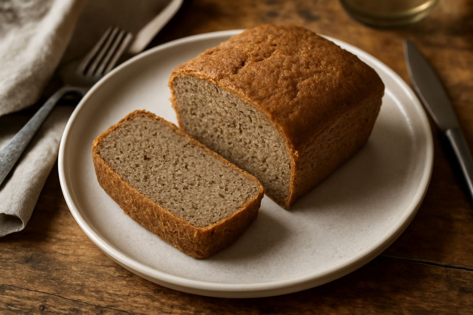 Pane di forma rettangolare con crosta marrone dorata e taglio netto che mostra l'interno compatto di colore grigio beige, intera fetta appoggiata su tagliere di legno