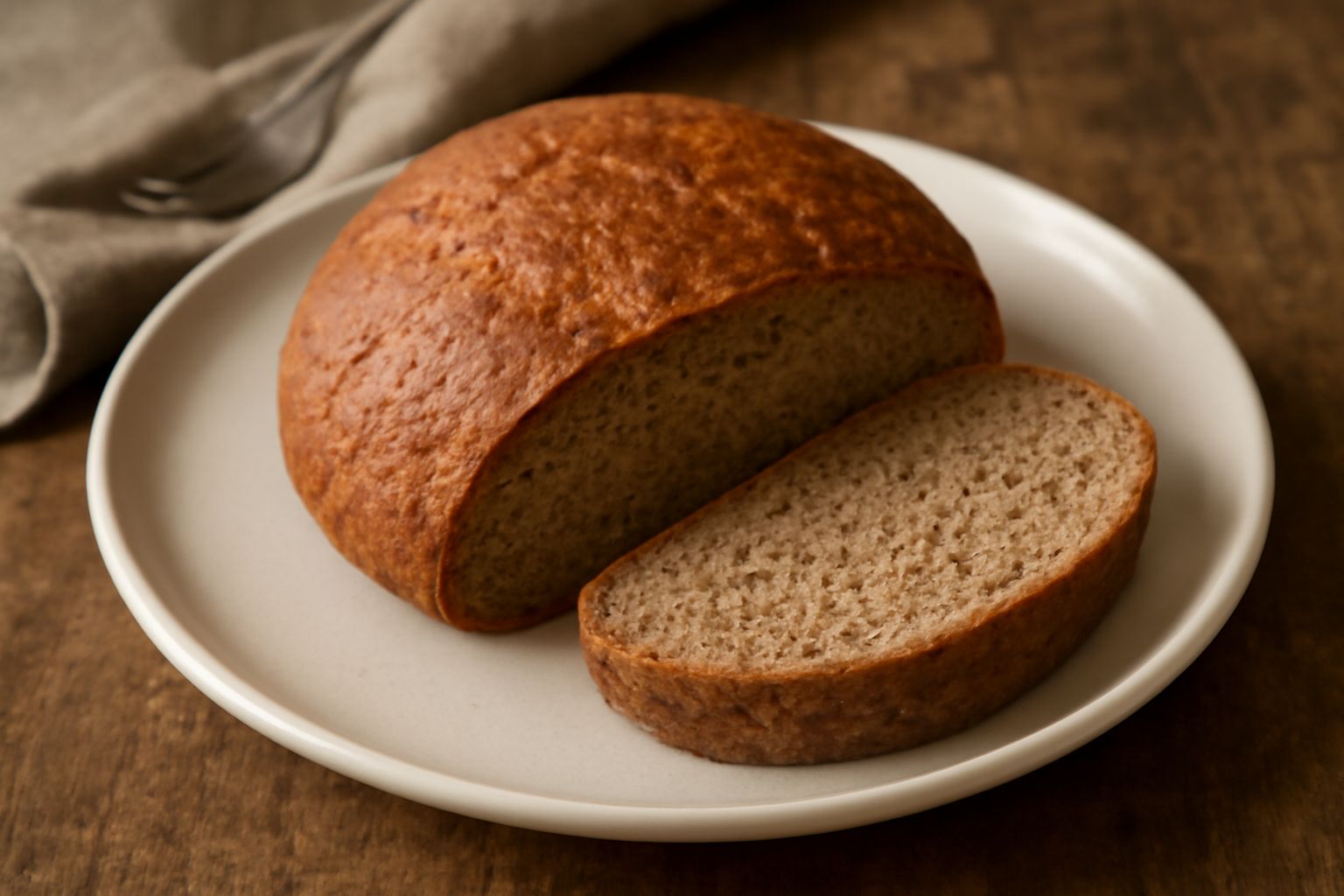 Pane di farina di fagioli integrale affettato, con crosta dorata e screpolature naturali, miolo denso e compatto color nocciola, servito su tavolo di legno con spighe di grano