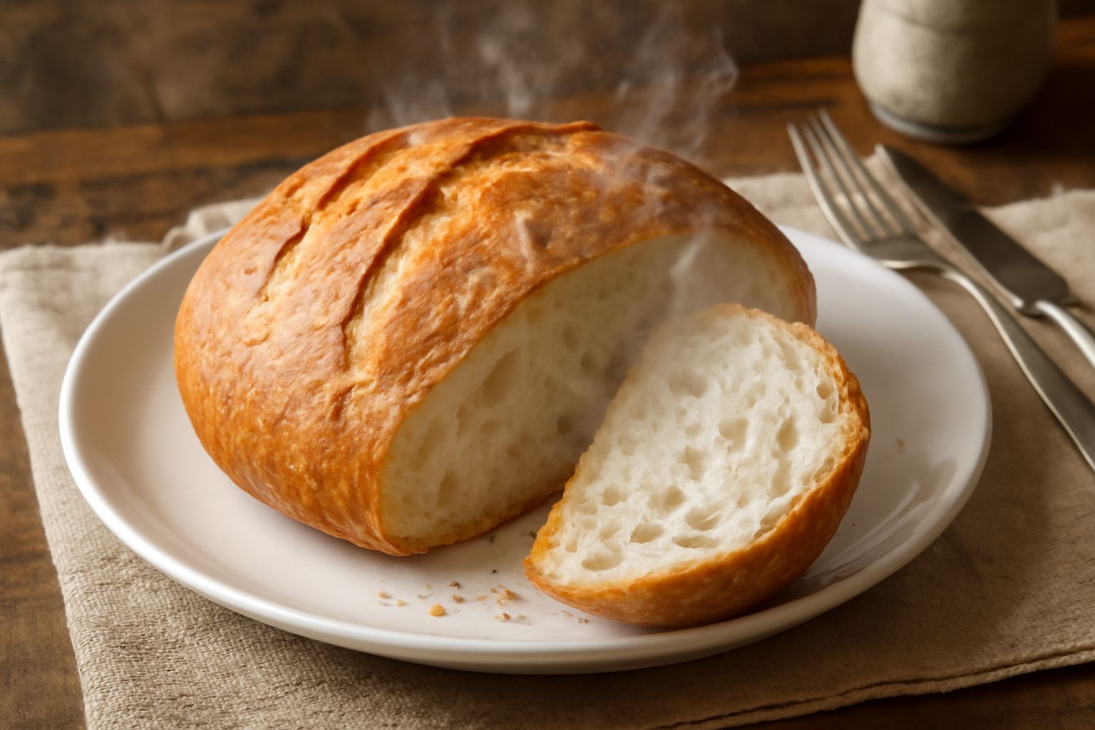 Pane di farina di frumento con crosta dorata e screpolature, affettato su un tagliere di legno, mollica bianca e soffice visibile nella sezione, sfondo grigio neutro