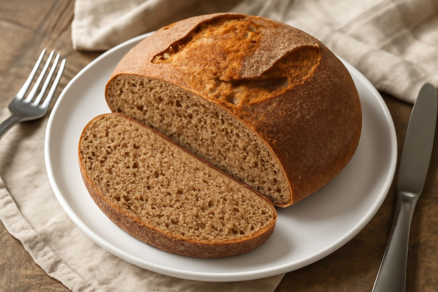 Pane integrale a fette con crosta dorata e spaccature sulla superficie, tagliato su tavolo di legno con la mollica visibile marrone scuro e fitta