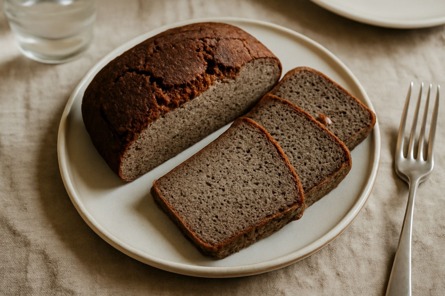 Pane di farina di grano saraceno fresco di forno, di colore marrone scuro, con crosta compatta e superficie leggermente screpolata, tagliato a fette su un piatto bianco di ceramica