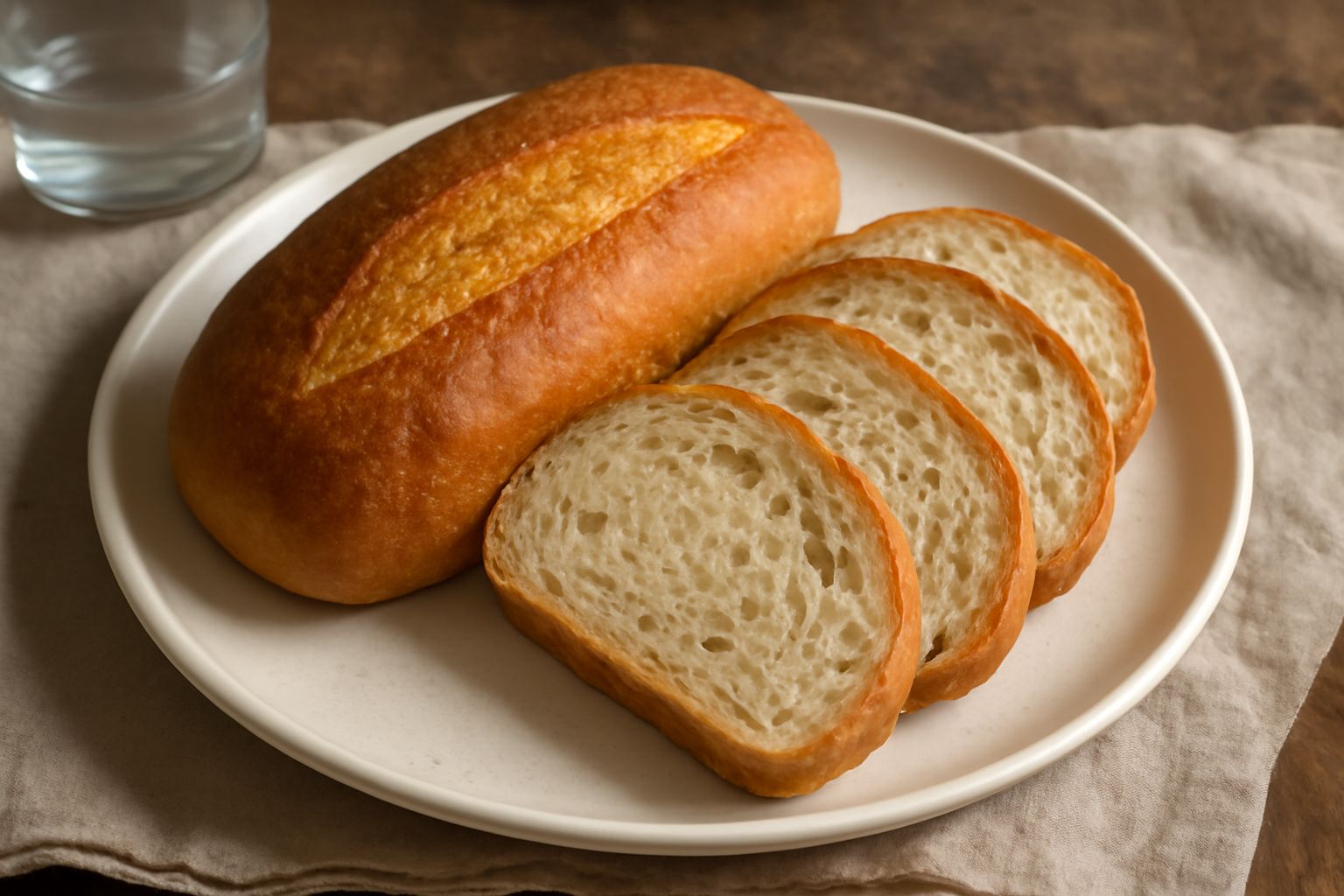 Pane di farina di kamut a fette, colore dorato-ambrato, con crosta dorata e screpolata, mollica color crema con alveoli visibili, posato su tavolo di legno con spighe di grano