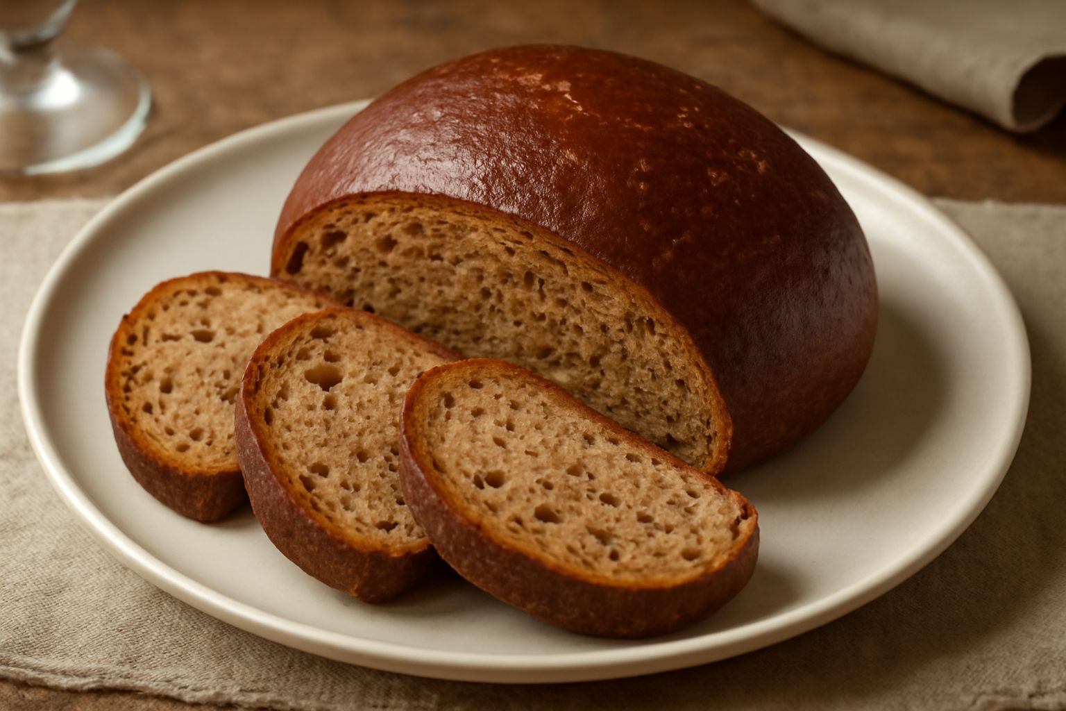 Pane di farina di kamut integrale affettato su tavolo di legno, miga color nocciola con alveoli uniformi, crosta dorata scura, fette disposte a ventaglio accanto al pane intero ancora caldo