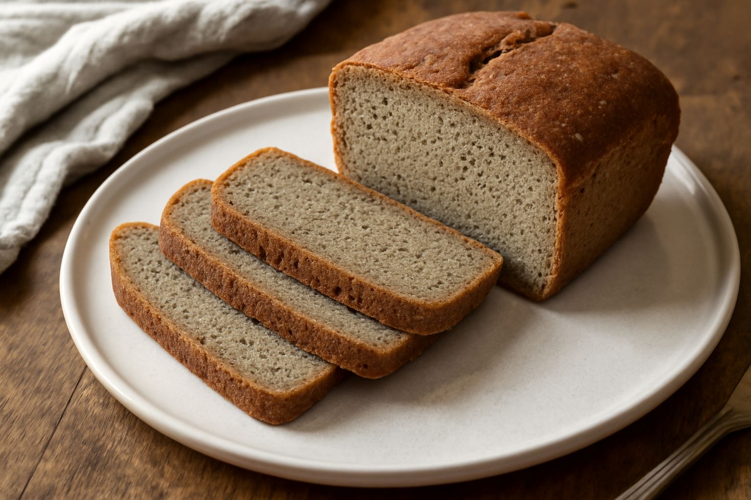 Pane di farina di lenticchie a fette su un tagliere di legno, dalla crosta marrone scura e mollica compatta grigio-beige, con una tazza di tè caldo sullo sfondo