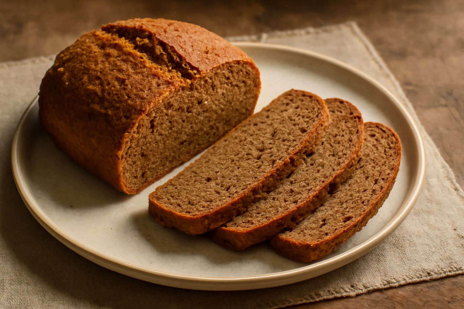 Pane di farina di lenticchie integrale a fette su un tagliere di legno, con miga marrone scura densa e crosta dorata, accanto a una tazza di tè