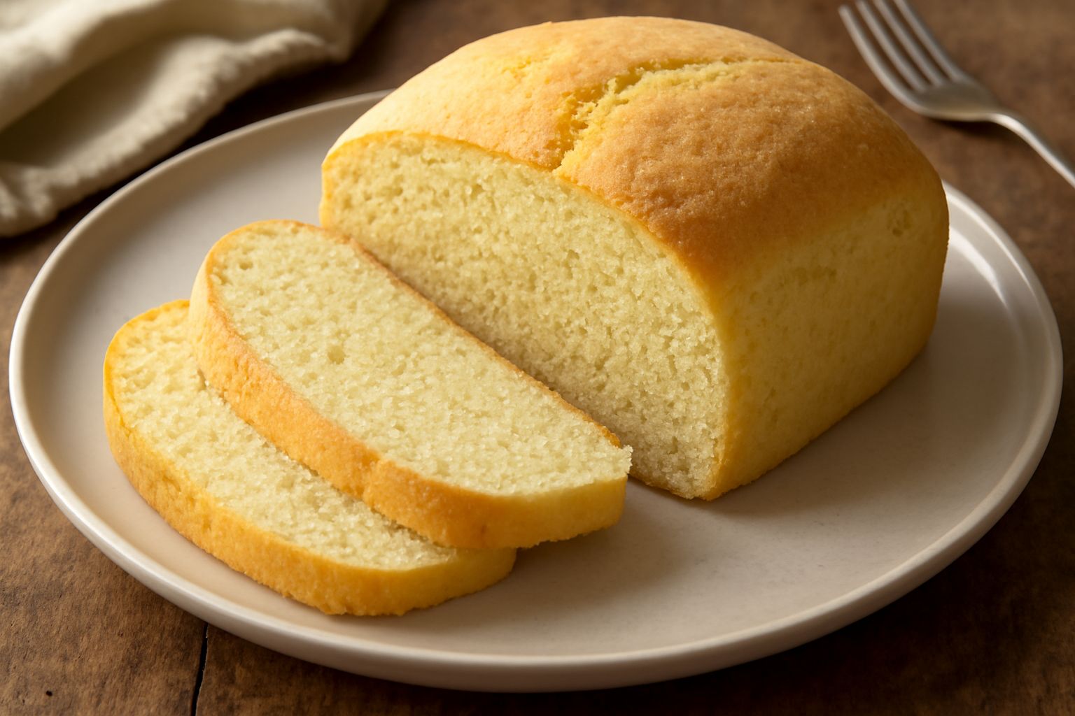 Un pane di mais bianco affettato su un piatto di ceramica bianca, con mollica giallo pallido e crosta leggermente dorata, accanto a uno spicchio di burro e a una tazza di latte