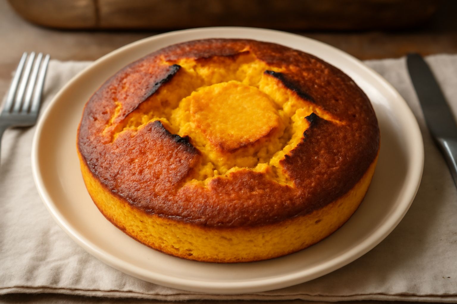Pane di farina di mais giallo appena sfornato, con crosta dorata e sfumature marroni, tagliato a fette mostrando la mollica gialla e soffice, servito su un piatto bianco con una tovaglia di lino beige