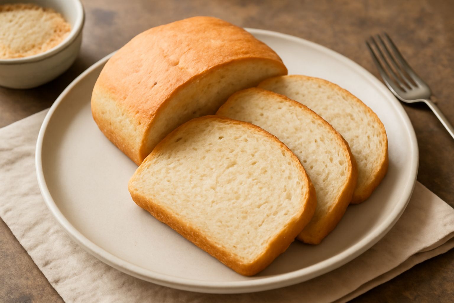 Pane di farina di miglio con crosta dorata e screpolature naturali, affettato per mostrare la miga soffice e uniforme di colore bianco-giallo, poggiato su un tagliere di legno con spighe di miglio acc