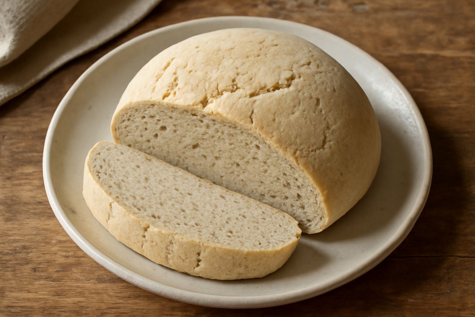 Pane tondo di colore beige con sfumature dorate, superficie leggermente rugosa e screpolata, affettato a metà su una tavola di legno, con mollica compatta e uniforme, accanto a spighe di grano