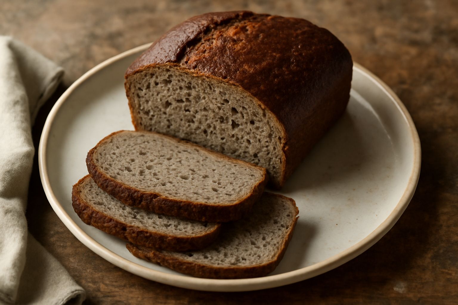 Una pagnotta di pane marrone scuro con crosta rugosa e lucida, affettata a mostrare la miga compatta e umida, su un tagliere di legno con spighe di grano sullo sfondo