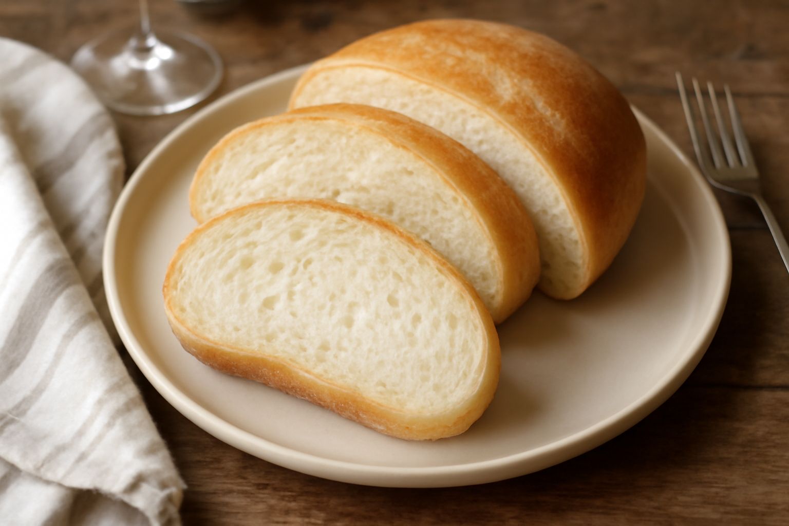 Pane di farina di riso appena sfornato, dalla crosta dorata chiara e la mollica bianca e soffice, affettato su un tagliere di legno con briciole sparse