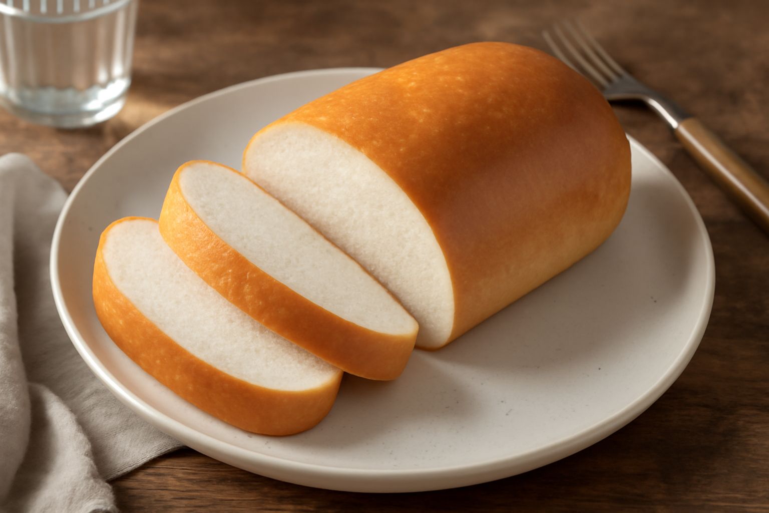 Pane di farina di riso bianco tagliato a fette, con crosta dorata uniforme e miga bianca compatta, disposto su tavola di legno accanto a spighe di riso