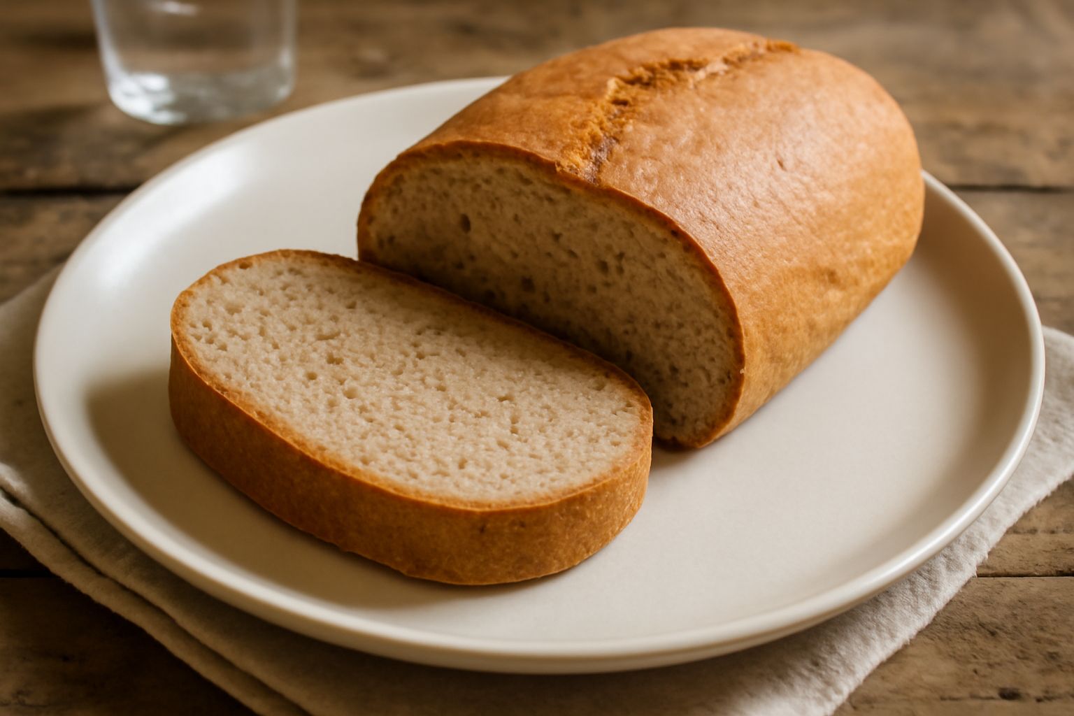 Una pagnotta di pane di riso integrale dal colore beige dorato, tagliata a fette, con crosta leggermente screpolata e mollica uniforme e soffice. Fette disposte su una tavola di legno con qualche chic