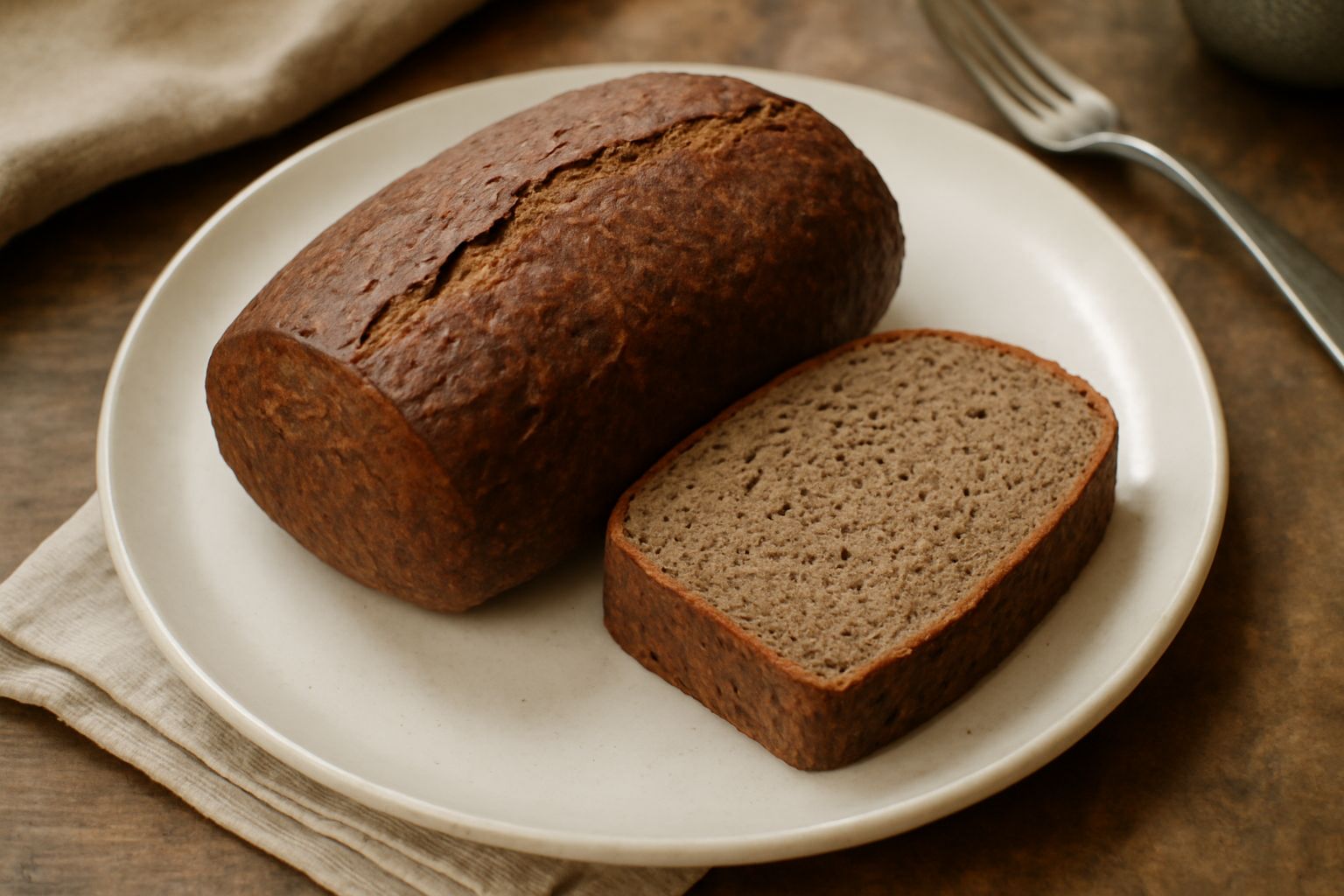 Pane di segale appena sfornato, cilindrico e compatto, con crosta marrone scuro craquelée, affettato per mostrare la mollica grigia densa, posato su una tavola di legno scuro accanto a una spiga di se