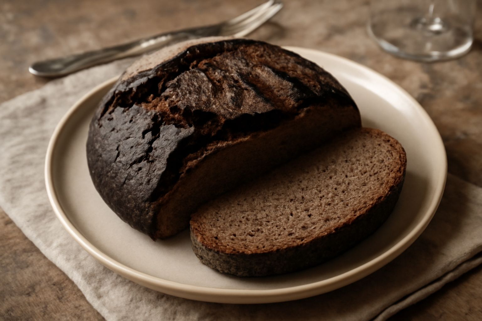 Pane di segale integrale tagliato a fette su una tavola di legno, di colore marrone scuro, con una mollica compatta e crosta spessa e irregolare, accanto a qualche chicco di segale