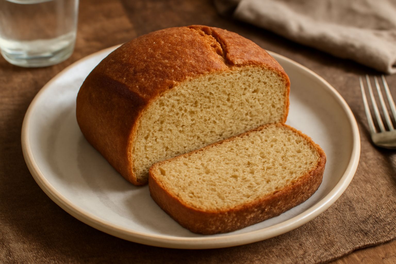 Pane di forma tonda dal colore bruno-dorato, affettato, con mollica densa e micrille visibili, poggiato su tavola di legno con qualche chicco di sorgo sparse intorno