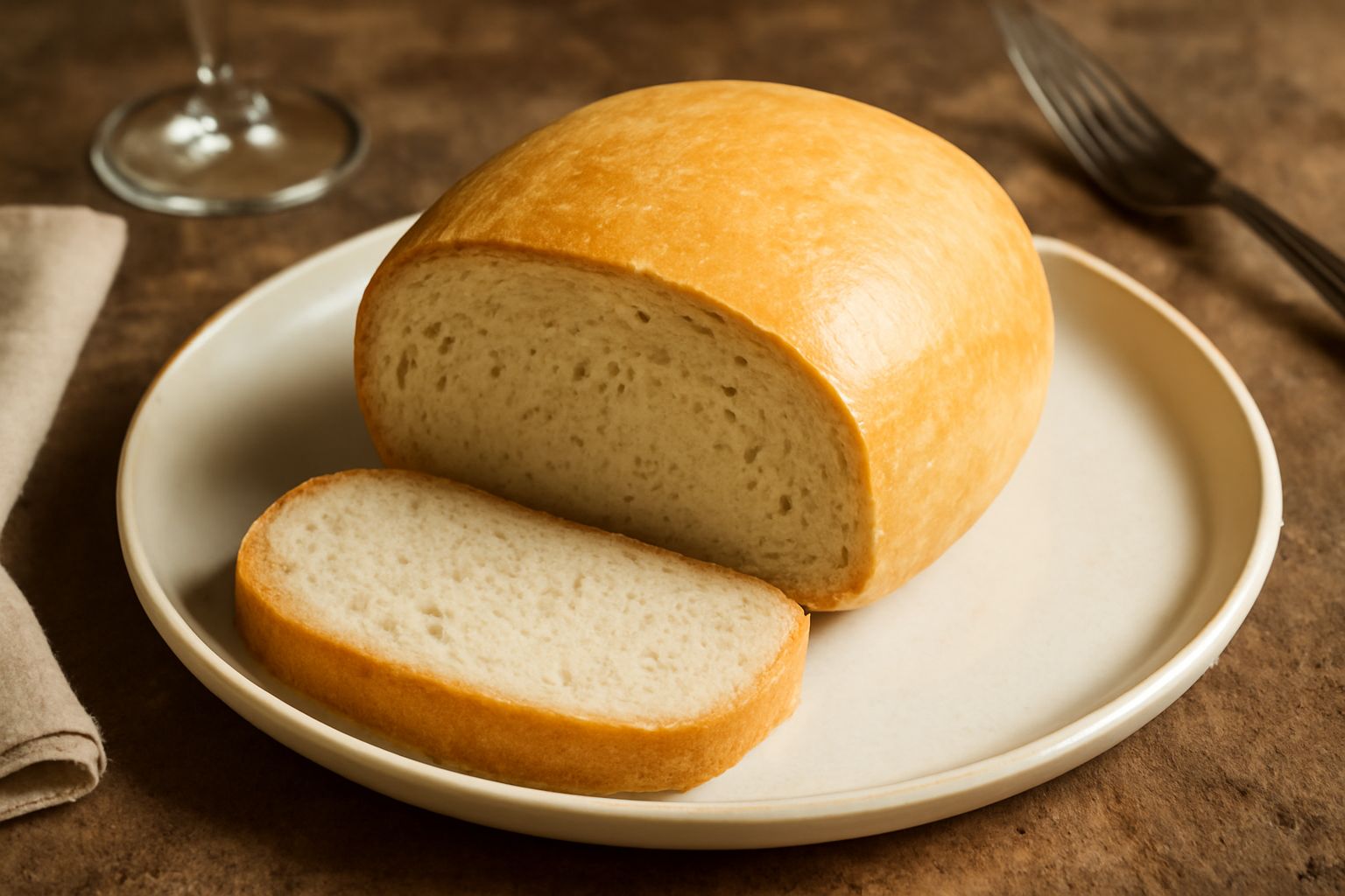 Pane di sorgo integrale affettato, color avorio con sfumature dorate, mollica morbida e omogenea, crosta sottile di colore dorato, posato su un canovaccio di lino bianco con spighe di sorgo accanto