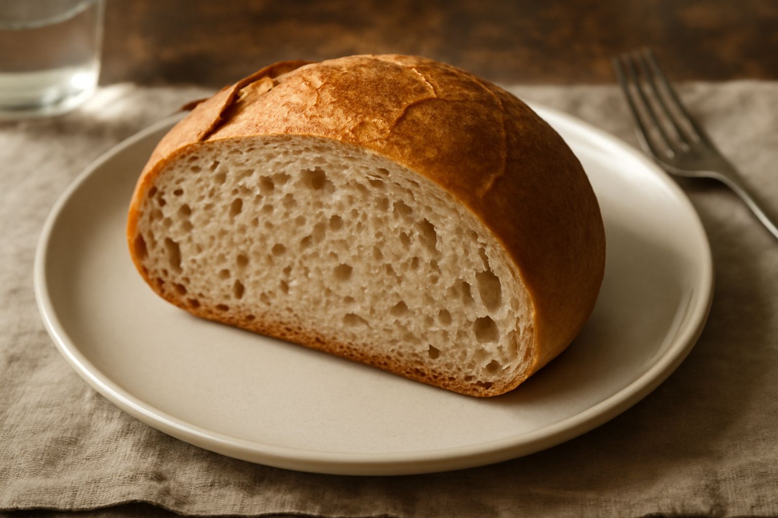 Pane di farina di spelta di forma rotonda, con crosta dorata e screpolature naturali, affettato e disposto su una tavola di legno con un tovagliolo di lino bianco