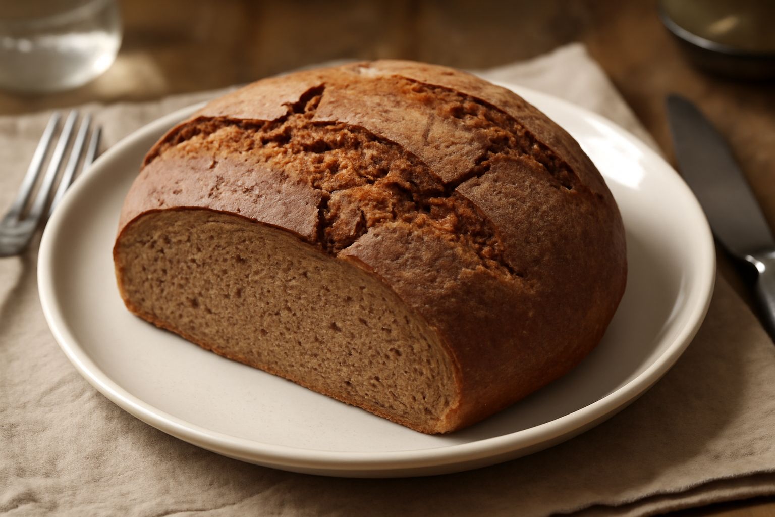 Pane intero di spelta integrale con crosta dorata e screpolature naturali, tagliato a metà che mostra la mollica compatta color nocciola, poggiato su una tavola di legno con spighe di grano accanto
