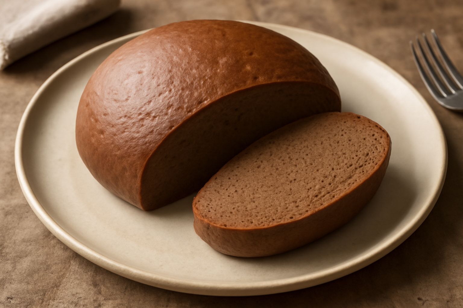 Un pane rotondo di colore marrone scuro con crosta liscia e leggeri segni di cottura, affettato e servito su un tavolo di legno con una fetta spalmata di burro naturale