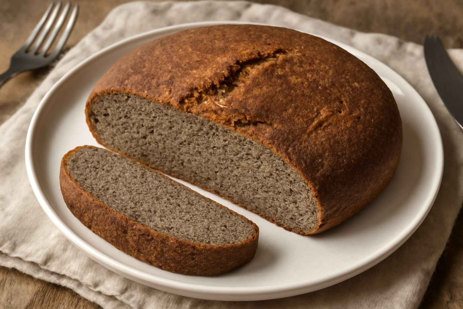 Pane di farina di teff integrale appena sfornato, di colore marrone scuro, con crosta dorata, affettato su un tagliere di legno bianco, accanto a una spiga di teff