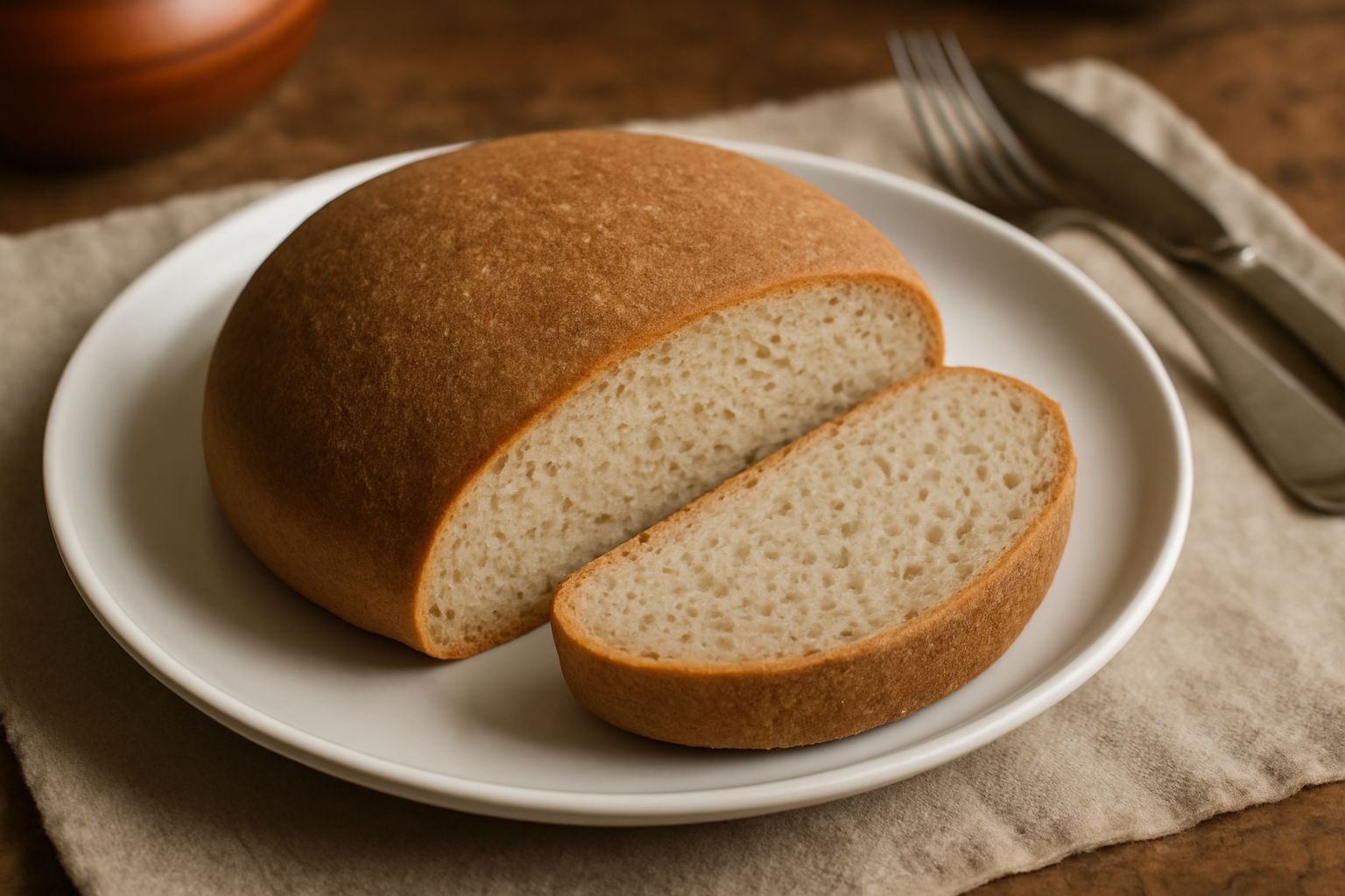 Pane di farina d'orzo tagliato a fette su tagliere di legno, forma rotonda, crosta beige scura uniforme, mollica color panna con alveoli piccoli e regolari, vapore caldo visibile