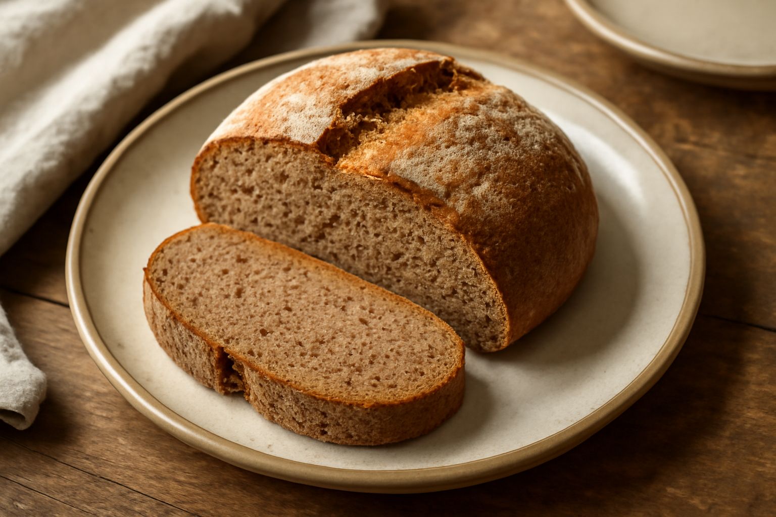 Pane di farina d'orzo integrale con crosta dorata e irregolare, affettato, che mostra una mollica compatta di colore nocciola con piccoli fori d'aria distribuiti uniformemente