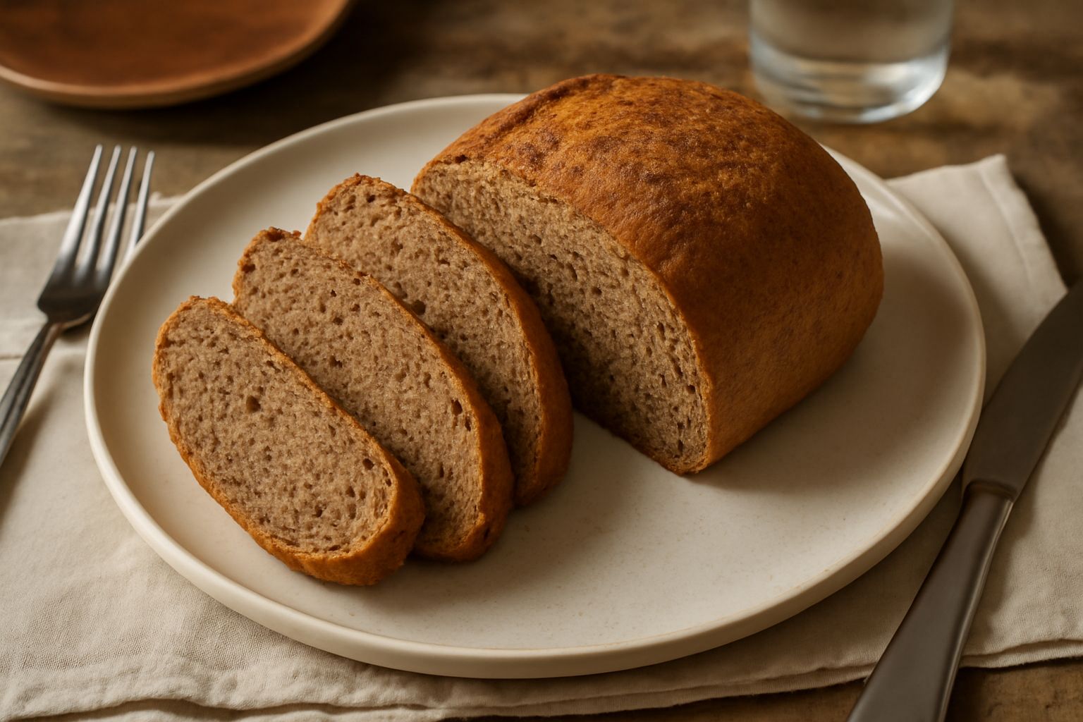Pane integrale intero e affettato su tavolo di legno, crosta dorata e opaca, mollica beige scura con alveoli visibili, accanto a chicchi di grano e farina integrale in una ciotola