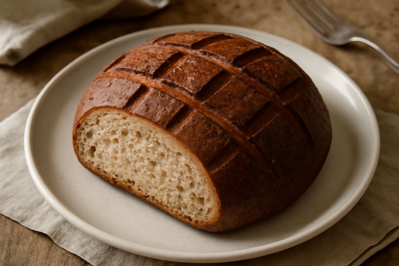 Pagnotta di pane di Fermo appena sfornata, con crosta scura e uniforme leggermente sfogliata, tagliata a metà per mostrare la mollica bianca e alveolata, poggiata su un canovaccio di lino beige