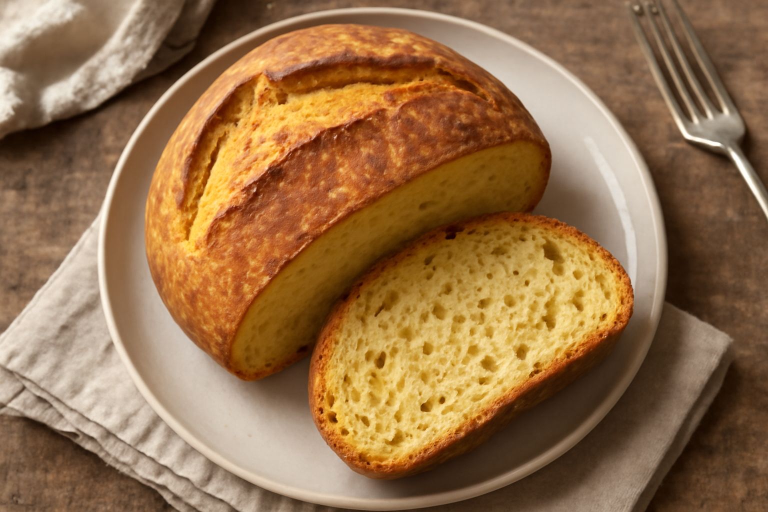 Pane di Foligno tagliato a metà su tavolo di legno, crosta dorata e screpolata, interno giallognolo con alveoli irregolari, farina bianca sparsa intorno