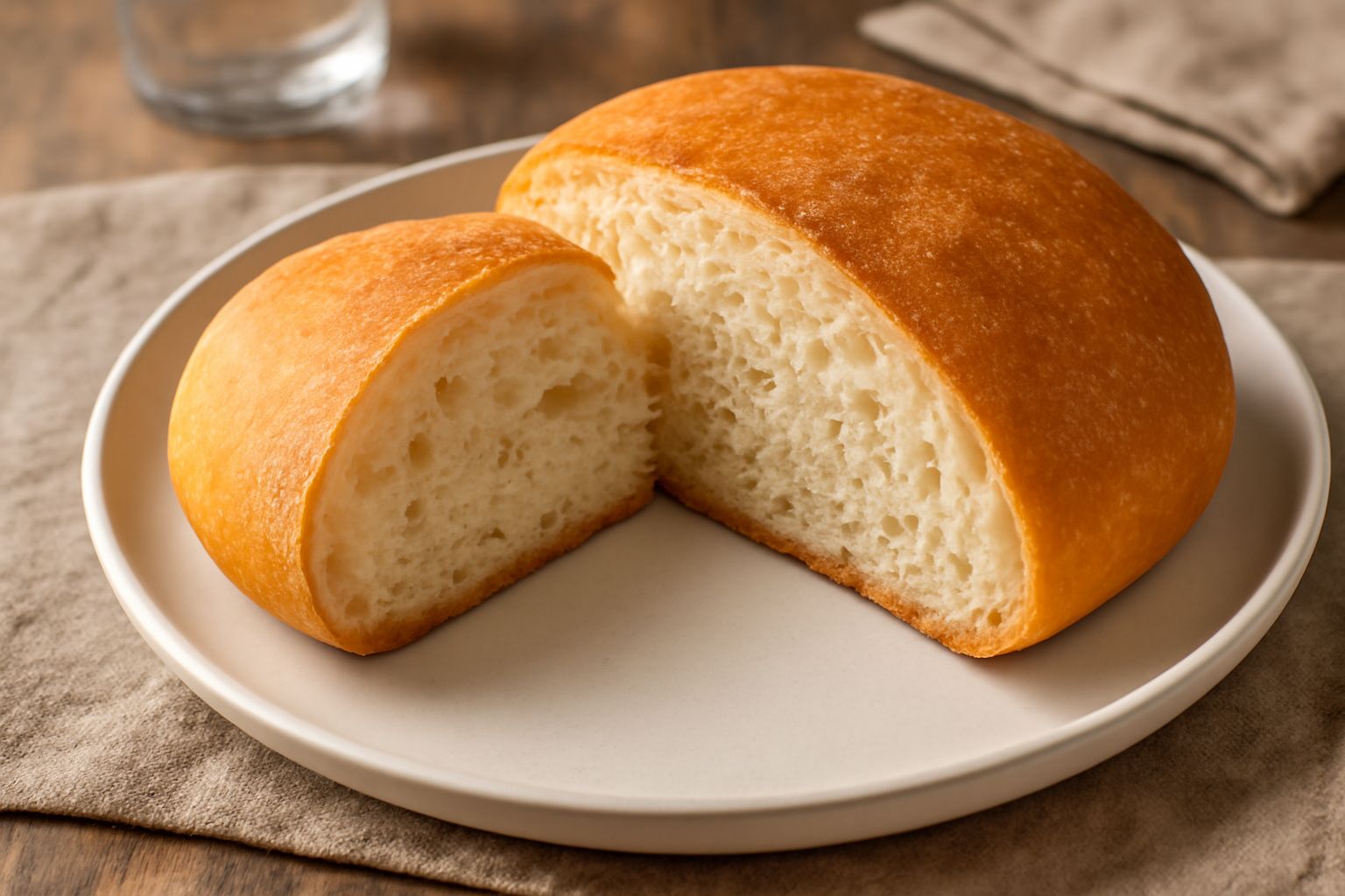 Pane di Formia intero con crosta dorata e screpolature naturali, tagliato a fette che mostrano mollica bianca soffice e alveoli regolari, su piano di legno scuro