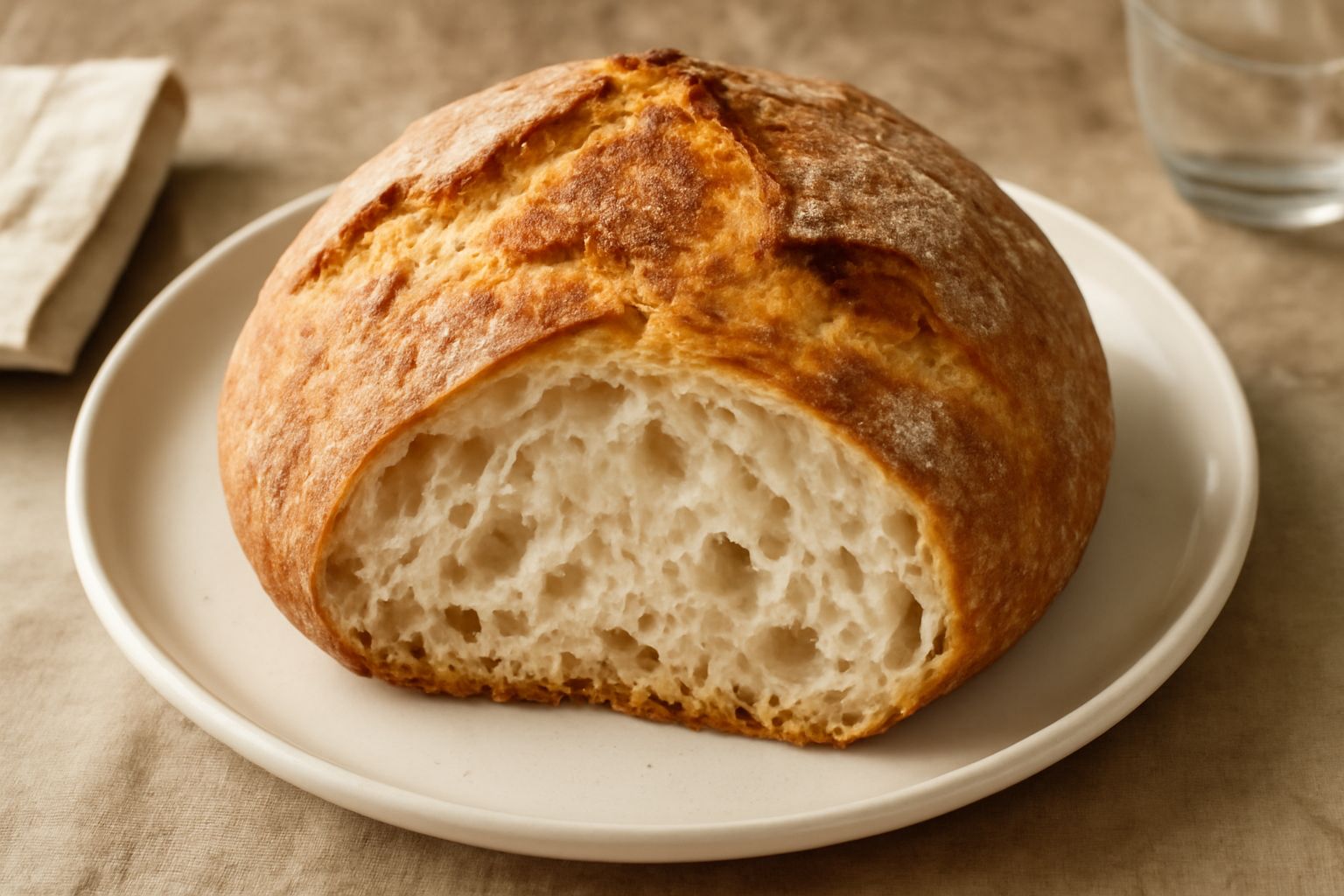 Pane di Frosinone intero e affettato su una tavola di legno, con crosta dorata screpolata, miga bianca alveolata e irregolare all'interno