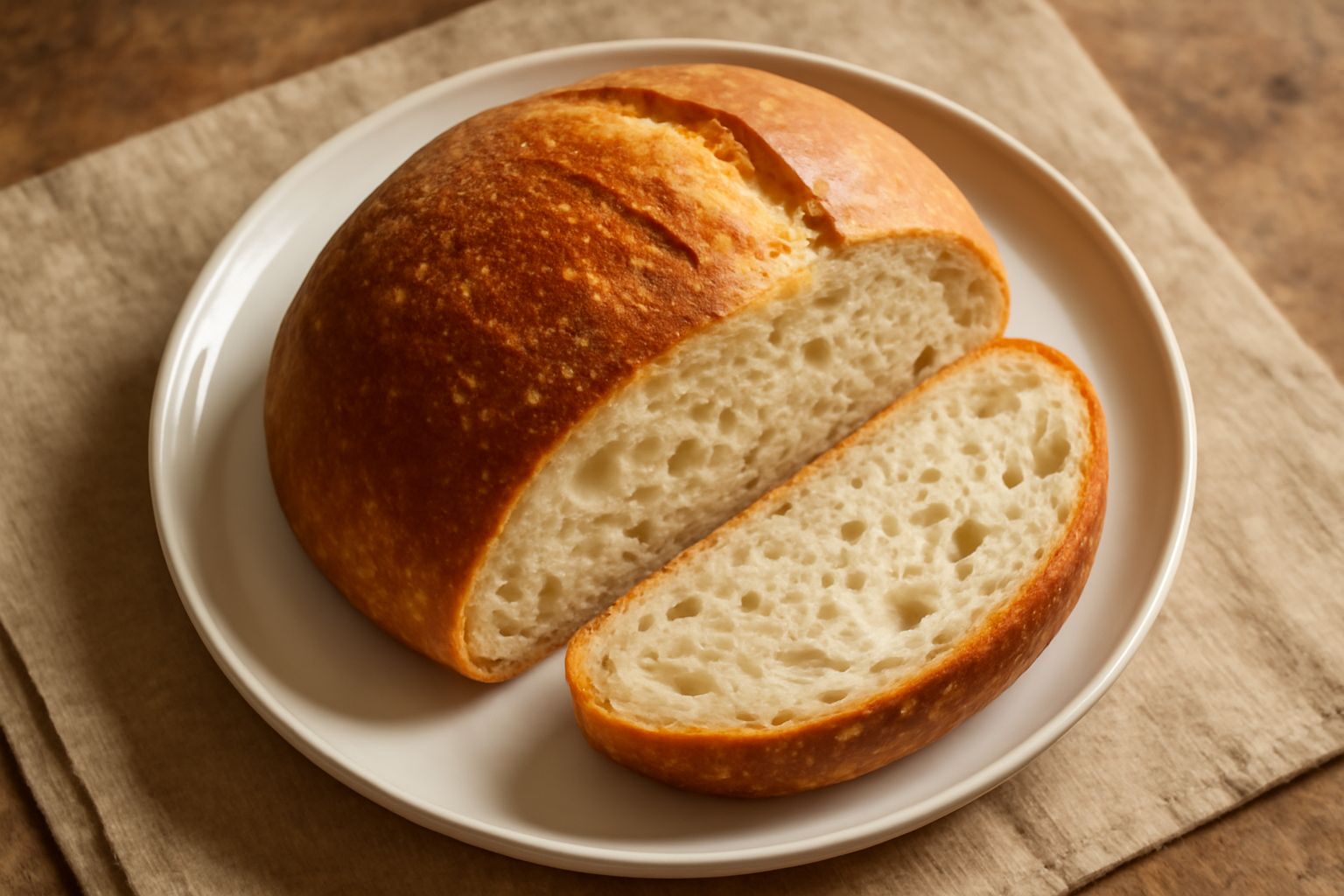 Pane di frumento intero appena sfornato, dorato e croccante in superficie, tagliato a metà per mostrare la mollica morbida e alveolata, posato su una tavola di legno con spighe di grano accanto
