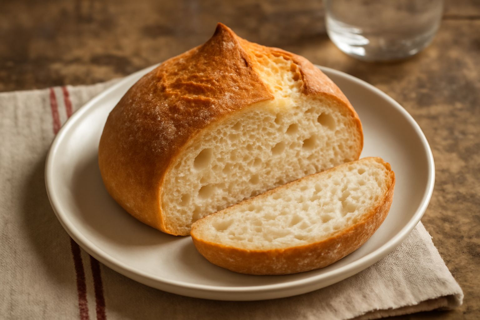 Pane rotondo color marrone dorato con crosta rugosa, tagliato a metà, che mostra una mollica bianca e alveolata, poggiato su tavolo di legno con spighe di grano accanto